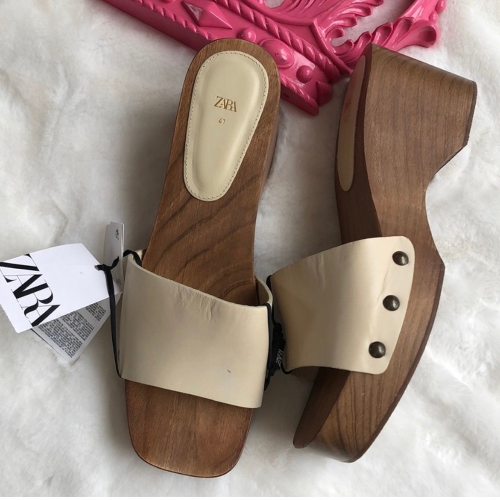 Zara wooden leather slides